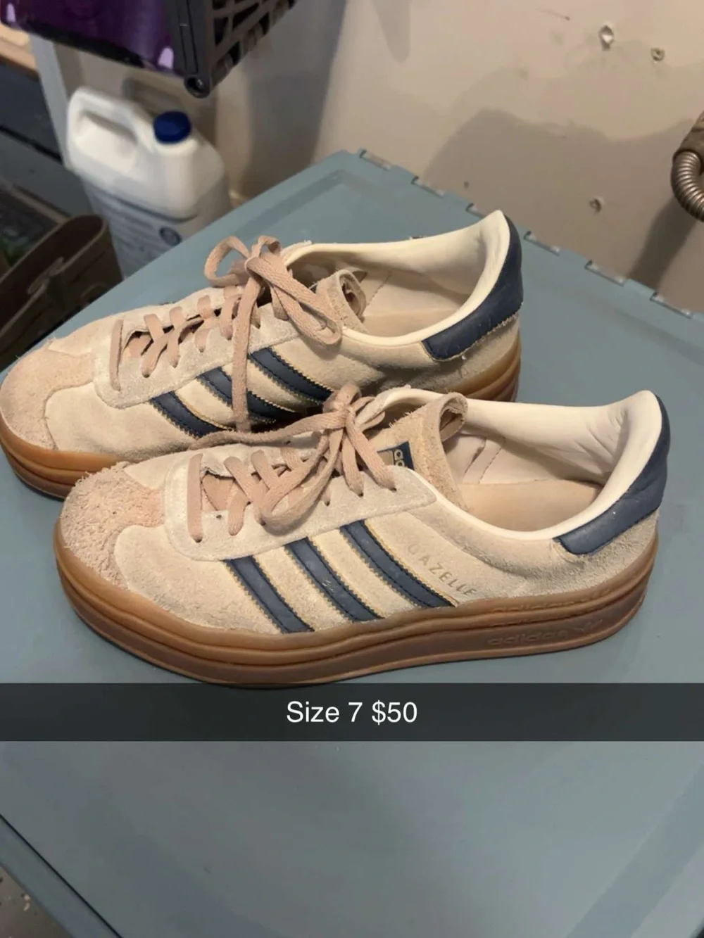 adidas Gazelle Suede Sneakers in Beige & Navy